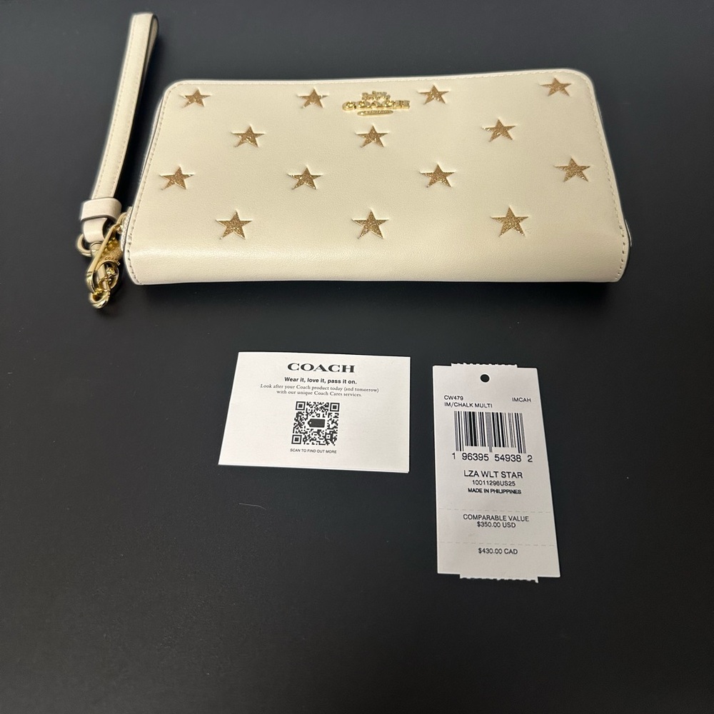 Coach Cream Star-Embellished Large Leather Wallet w Strap. NWT. Limited Edition - Picture 3 of 16
